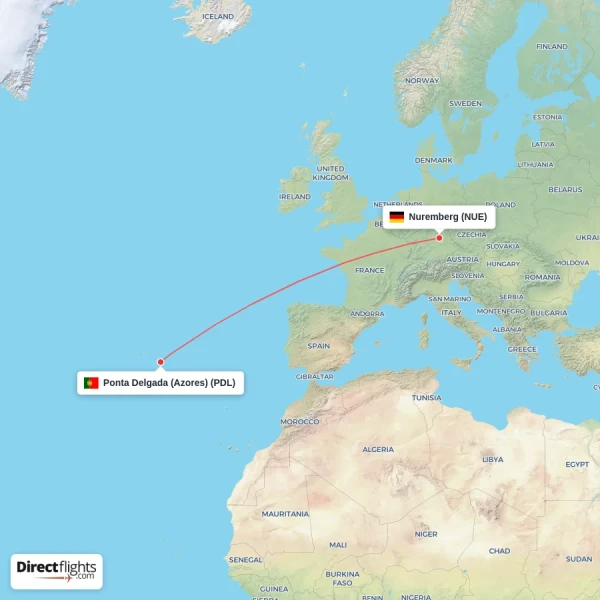 Ponta Delgada (Azores) - Nuremberg direct flight map