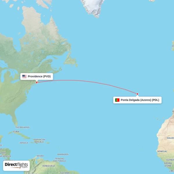 Ponta Delgada (Azores) - Providence direct flight map