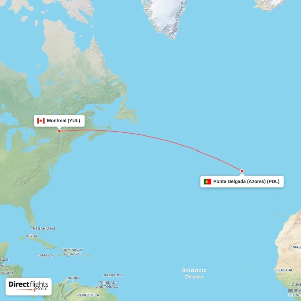 Ponta Delgada (Azores) - Montreal direct flight map