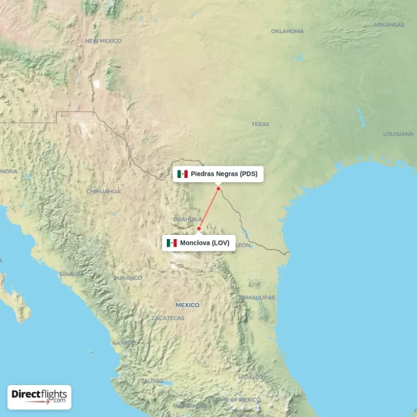 Piedras Negras - Monclova direct flight map
