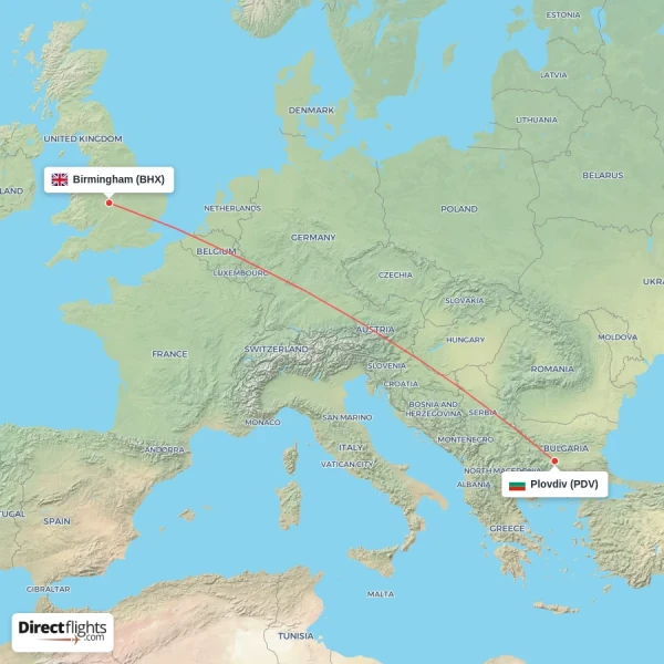 Plovdiv - Birmingham direct flight map