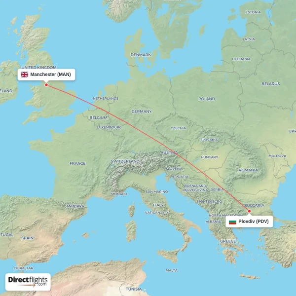 Plovdiv - Manchester direct flight map