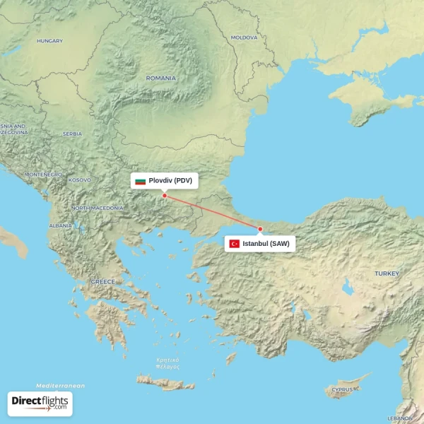 Plovdiv - Istanbul direct flight map