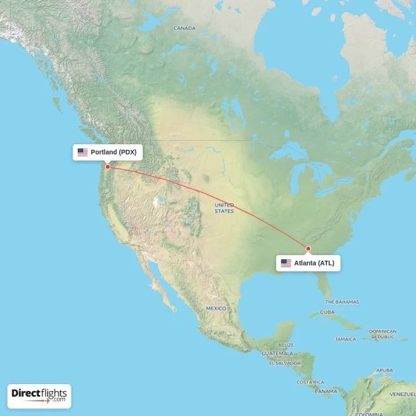 Portland - Atlanta direct flight map