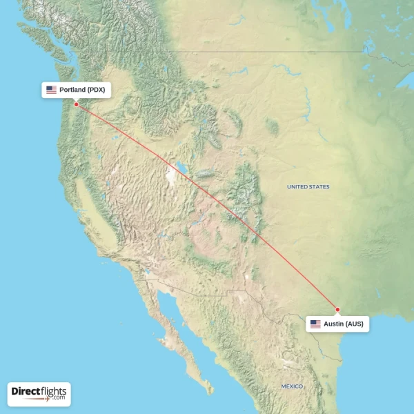 Portland - Austin direct flight map