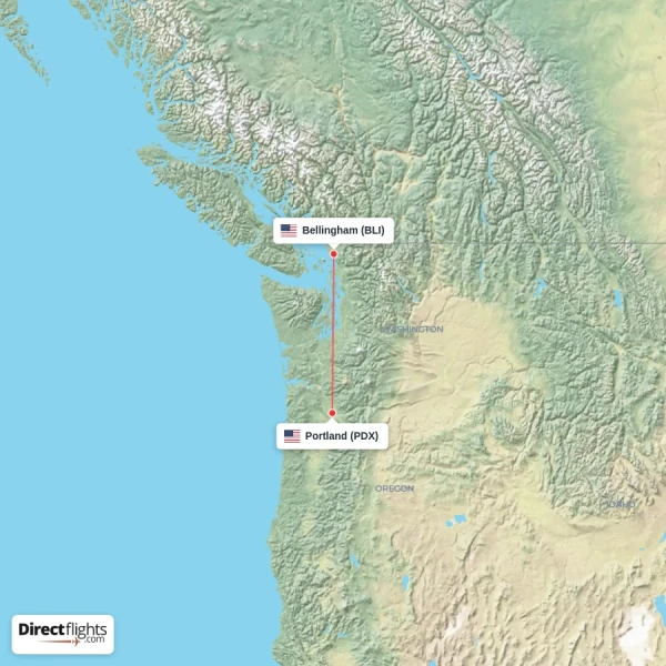 Portland - Bellingham direct flight map