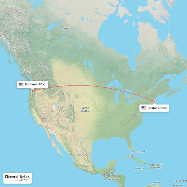 Portland - Boston direct flight map
