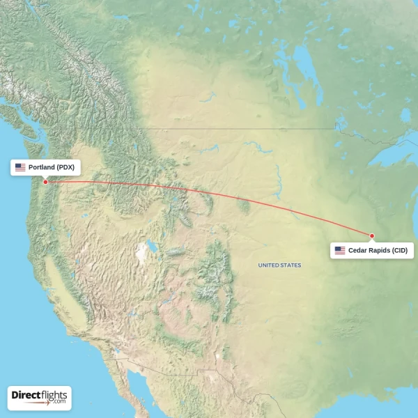 Portland - Cedar Rapids direct flight map
