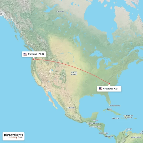 Portland - Charlotte direct flight map