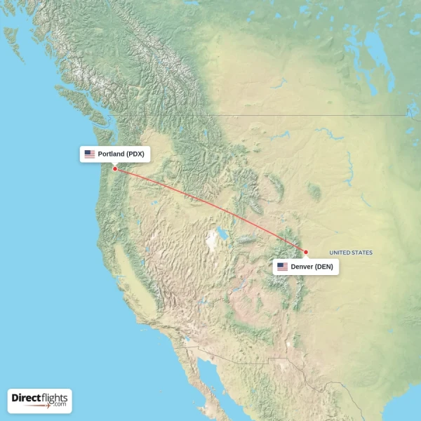 Portland - Denver direct flight map