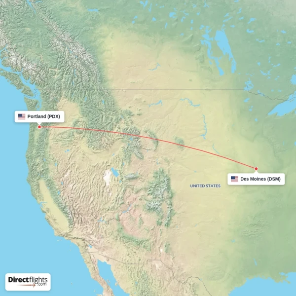 Portland - Des Moines direct flight map