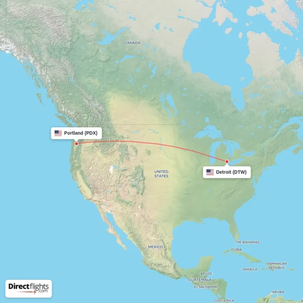 Portland - Detroit direct flight map