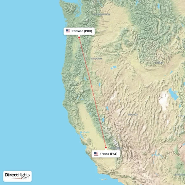 Portland - Fresno direct flight map