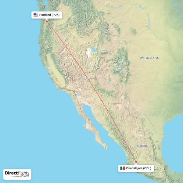 Portland - Guadalajara direct flight map
