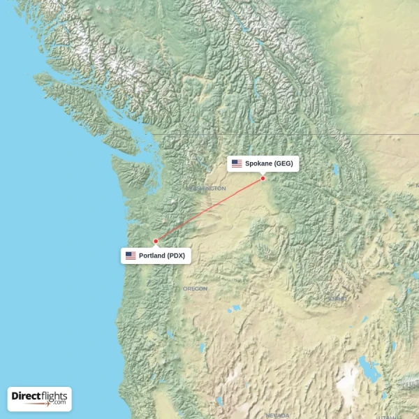 Portland - Spokane direct flight map