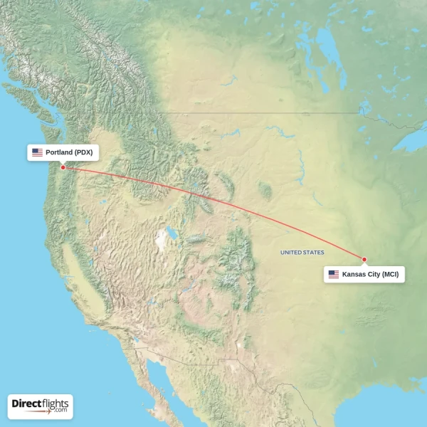 Portland - Kansas City direct flight map
