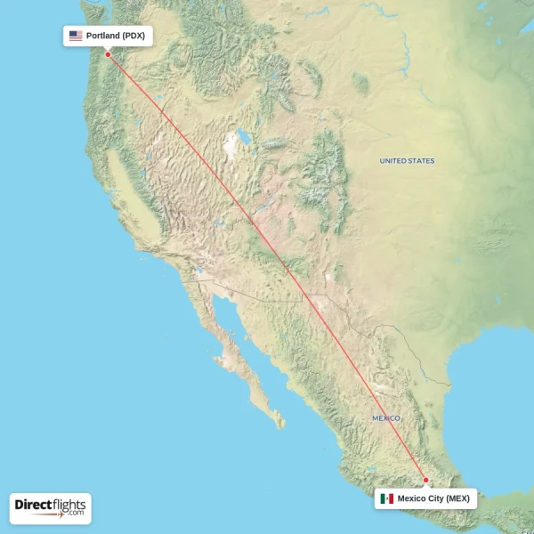 Portland - Mexico City direct flight map