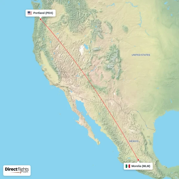 Portland - Morelia direct flight map