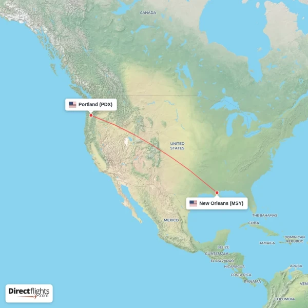Portland - New Orleans direct flight map