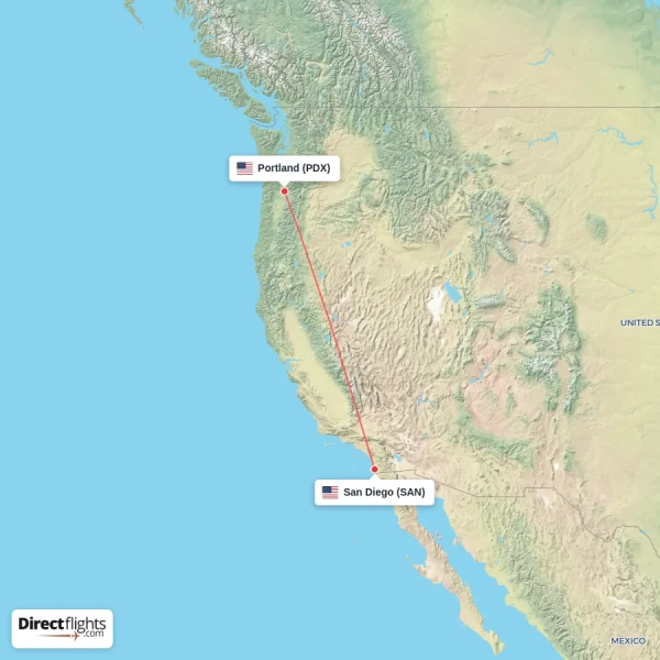 Portland - San Diego direct flight map