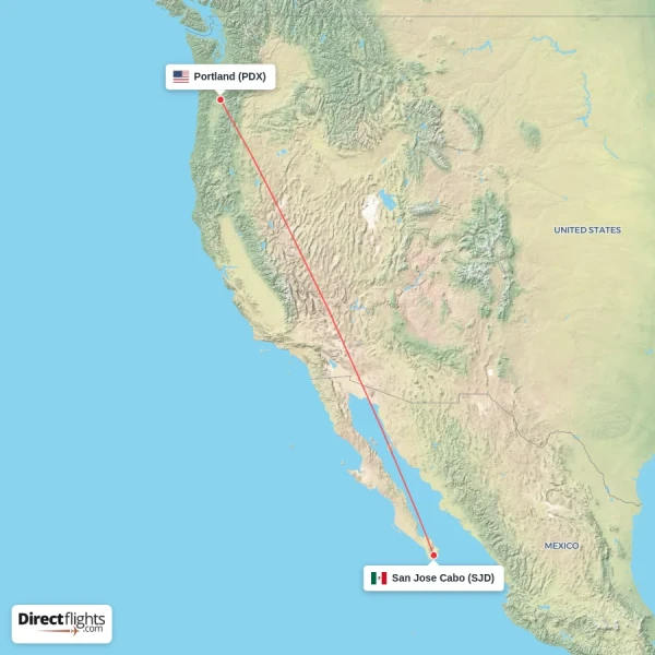 Portland - San Jose Cabo direct flight map
