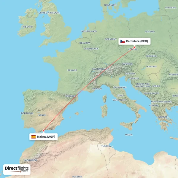Pardubice - Malaga direct flight map