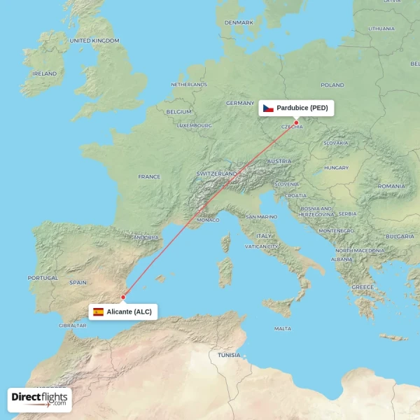Pardubice - Alicante direct flight map