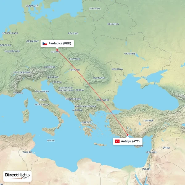 Pardubice - Antalya direct flight map