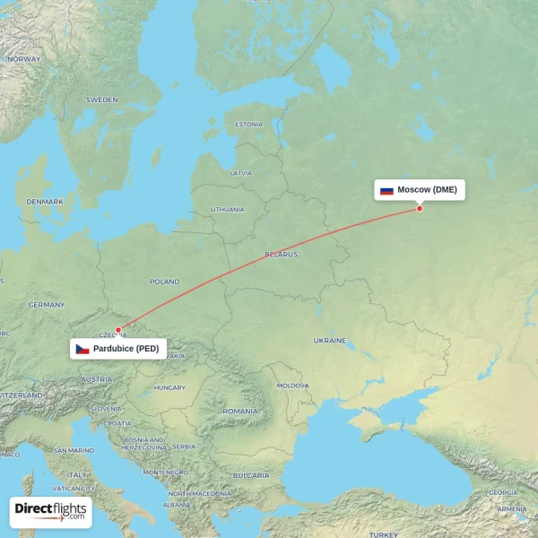 Pardubice - Moscow direct flight map