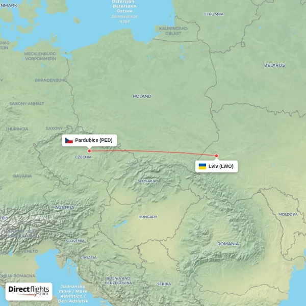 Pardubice - Lviv direct flight map