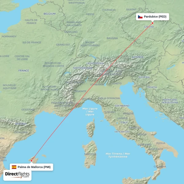 Pardubice - Palma de Mallorca direct flight map