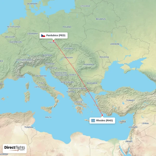 Pardubice - Rhodes direct flight map