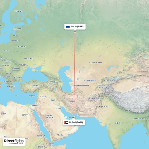 Perm - Dubai direct flight map