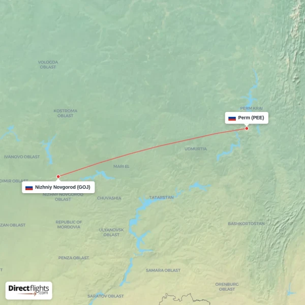 Perm - Nizhniy Novgorod direct flight map