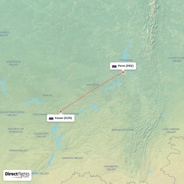 Perm - Kazan direct flight map