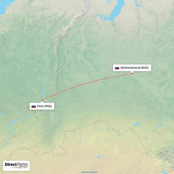Perm - Nizhnevartovsk direct flight map