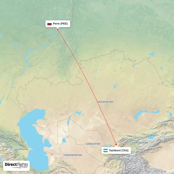 Perm - Tashkent direct flight map