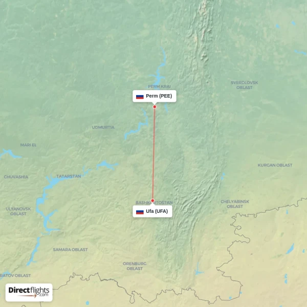 Perm - Ufa direct flight map