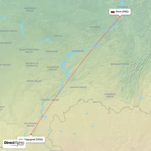 Perm - Volgograd direct flight map