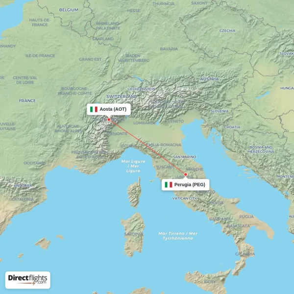 Perugia - Aosta direct flight map