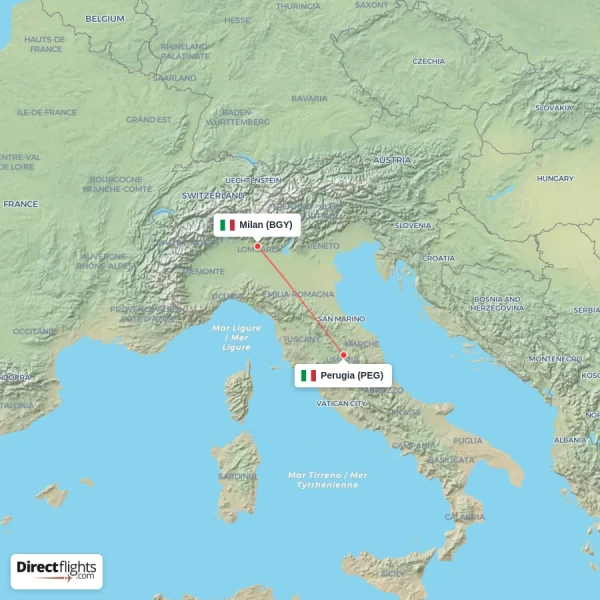 Perugia - Milan direct flight map