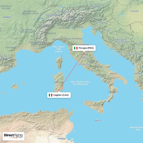 Perugia - Cagliari direct flight map