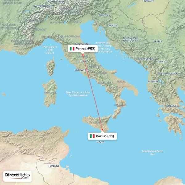Perugia - Comiso direct flight map