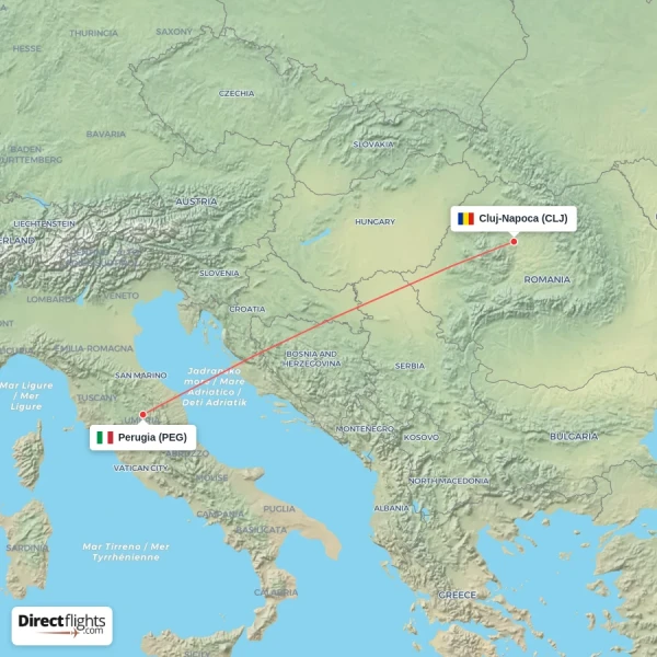 Perugia - Cluj-Napoca direct flight map