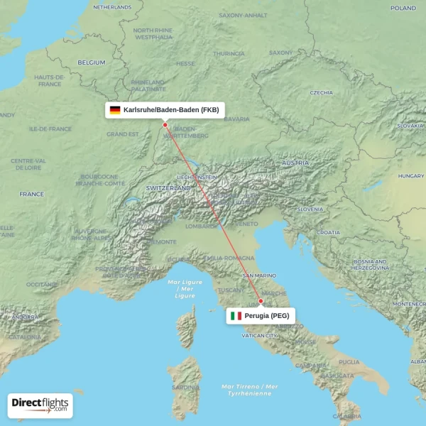 Perugia - Karlsruhe/Baden-Baden direct flight map