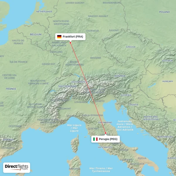 Perugia - Frankfurt direct flight map