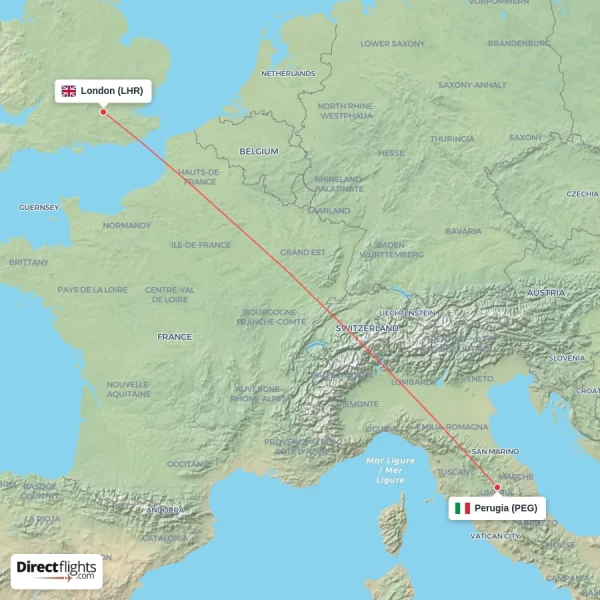 Perugia - London direct flight map