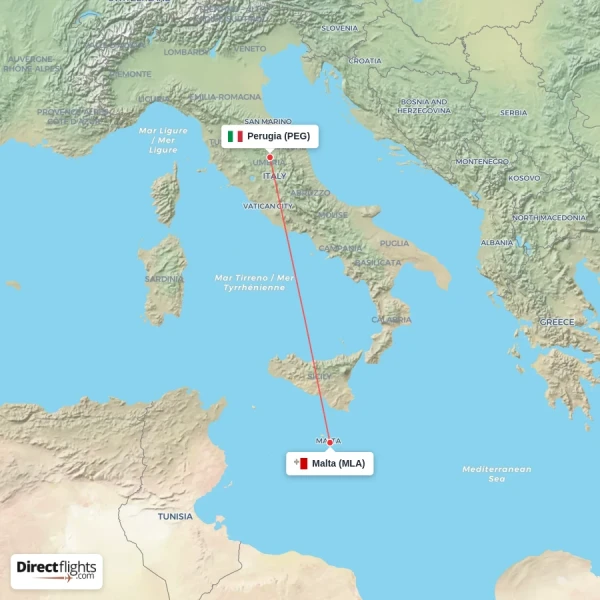 Perugia - Malta direct flight map