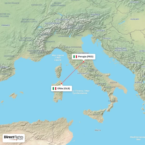 Perugia - Olbia direct flight map