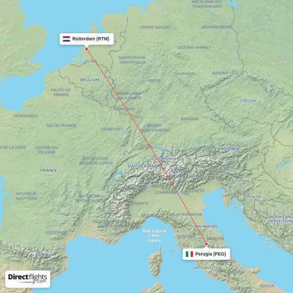 Perugia - Rotterdam direct flight map